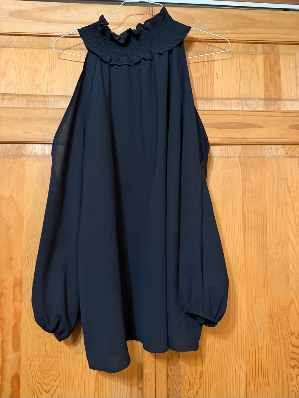 SHEIN Black Smocked Neck Long Sleeve Blouse Dress